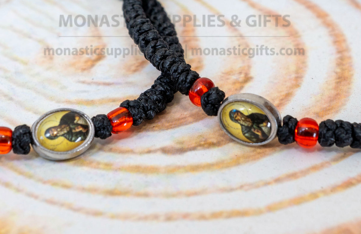 Prayer Rope Komboskini Bracelet with Saint David Icon and Amber Red Beads in Black - Orthodox - Waxed Cord - 50 Knots - 1 Piece