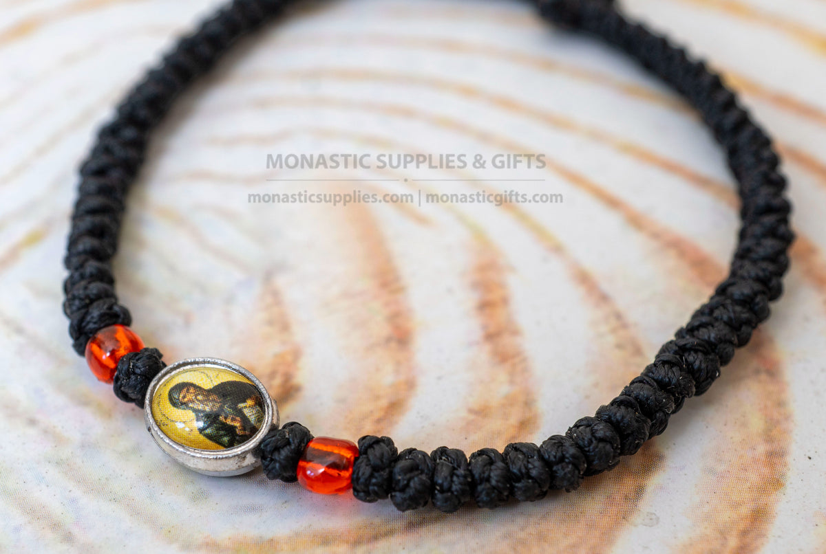 Prayer Rope Komboskini Bracelet with Saint David Icon and Amber Red Beads in Black - Orthodox - Waxed Cord - 50 Knots - 1 Piece