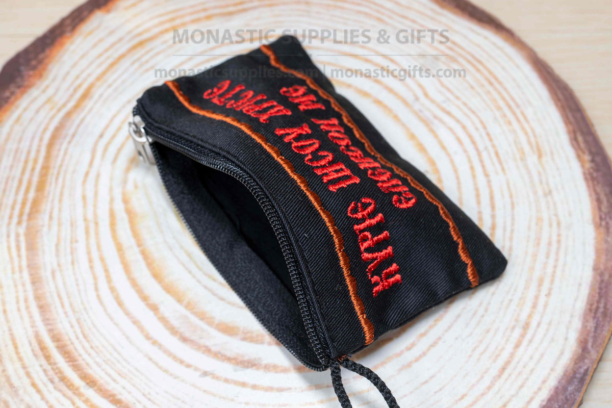 Handmade embroidered black fabric pouch with zipper and Jesus Prayer in red lettering 10x7 cm 3.9x2.8 in made in Greece