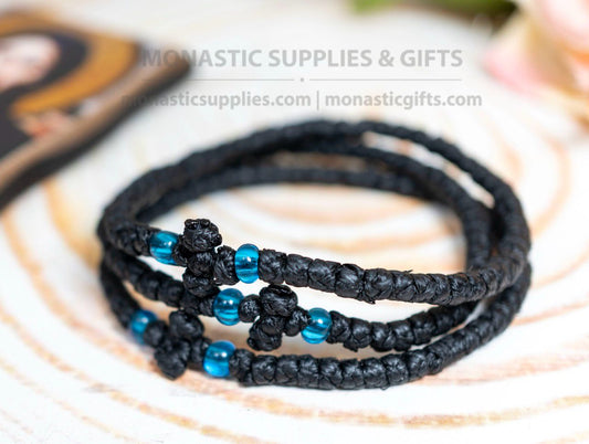 Prayer rope komboskini bracelet 1 piece with 50 knots knotted cross and crystal blue beads in black waxed cord orthodox made in Greece