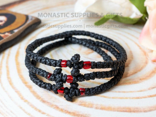 Prayer rope komboskini bracelet 1 piece with 50 knots knotted cross and red beads in black waxed cord orthodox made in Greece