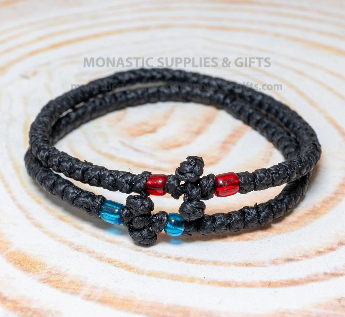 Classic prayer rope komboskini bracelets set of 2 with 50 knots knotted cross red and crystal blue beads in black waxed cord orthodox made in Greece