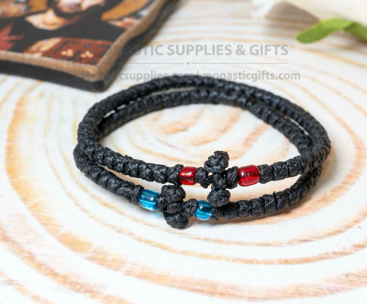 Classic prayer rope komboskini bracelets set of 2 with 50 knots knotted cross red and crystal blue beads in black waxed cord orthodox made in Greece