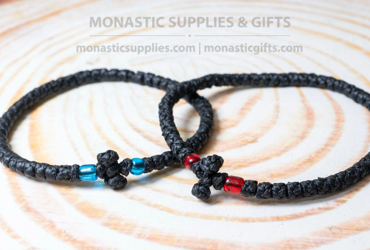 Classic prayer rope komboskini bracelets set of 2 with 50 knots knotted cross red and crystal blue beads in black waxed cord orthodox made in Greece