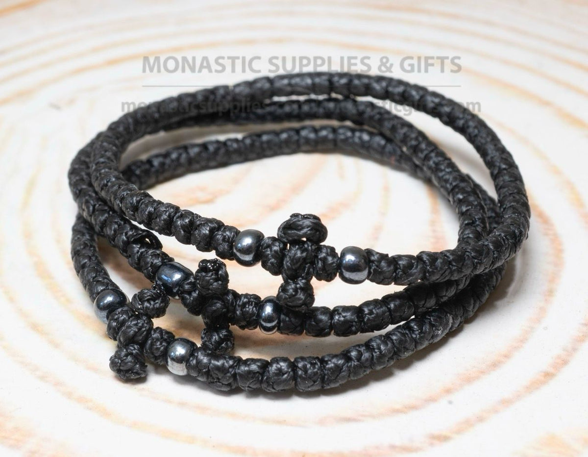 Prayer rope komboskini bracelet 1 piece with 50 knots knotted cross and hematite beads in black waxed cord orthodox made in Greece