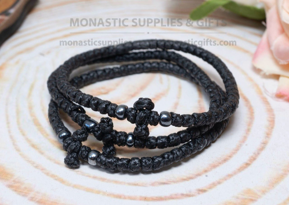 Prayer rope komboskini bracelet 1 piece with 50 knots knotted cross and hematite beads in black waxed cord orthodox made in Greece