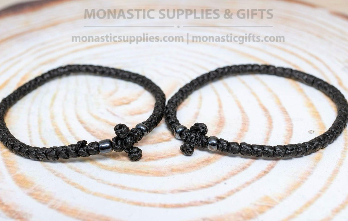 Prayer rope komboskini bracelet 1 piece with 50 knots knotted cross and hematite beads in black waxed cord orthodox made in Greece