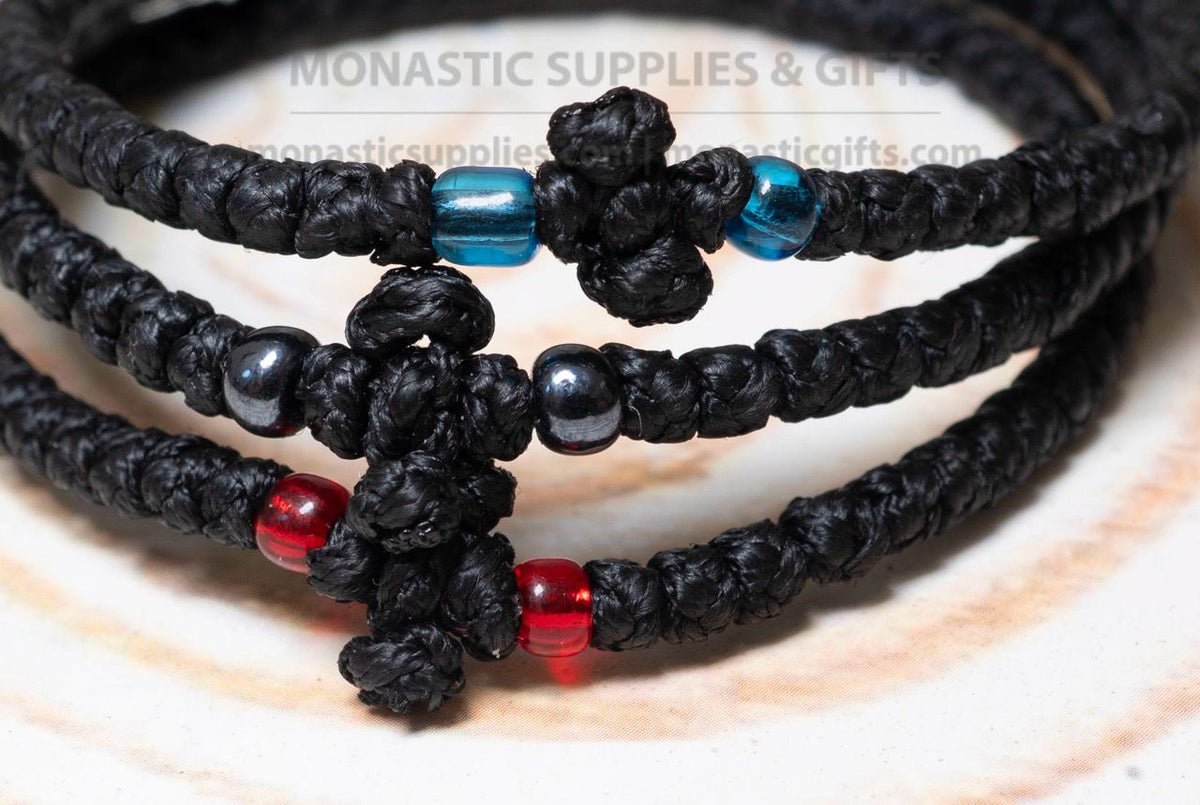 Classic Greek prayer rope komboskini bracelets set of 3 with 50 knots knotted cross and blue black and red beads in black waxed cord orthodox made in Greece