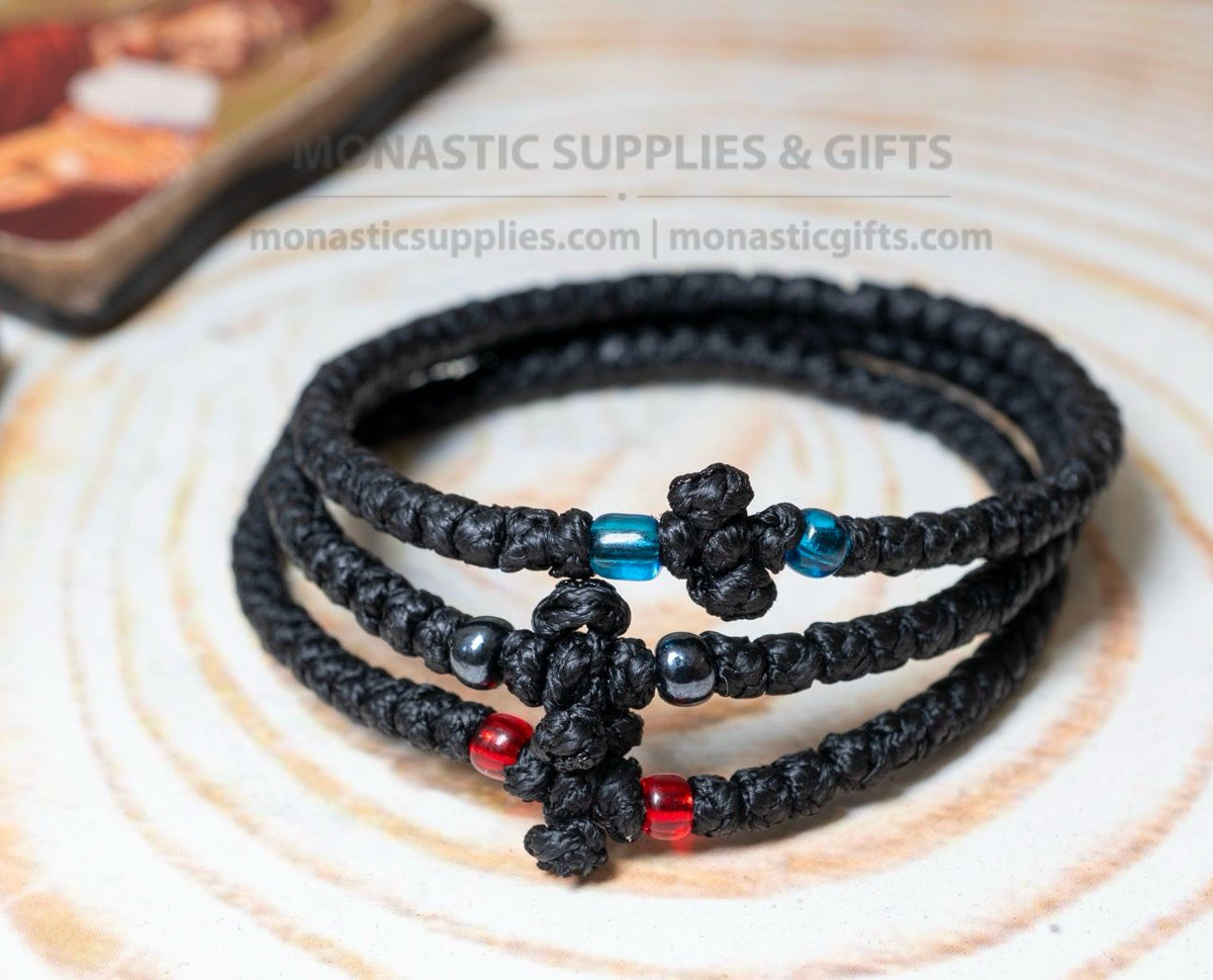 Classic Greek prayer rope komboskini bracelets set of 3 with 50 knots knotted cross and blue black and red beads in black waxed cord orthodox made in Greece