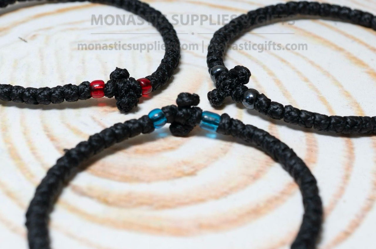 Classic Greek prayer rope komboskini bracelets set of 3 with 50 knots knotted cross and blue black and red beads in black waxed cord orthodox made in Greece