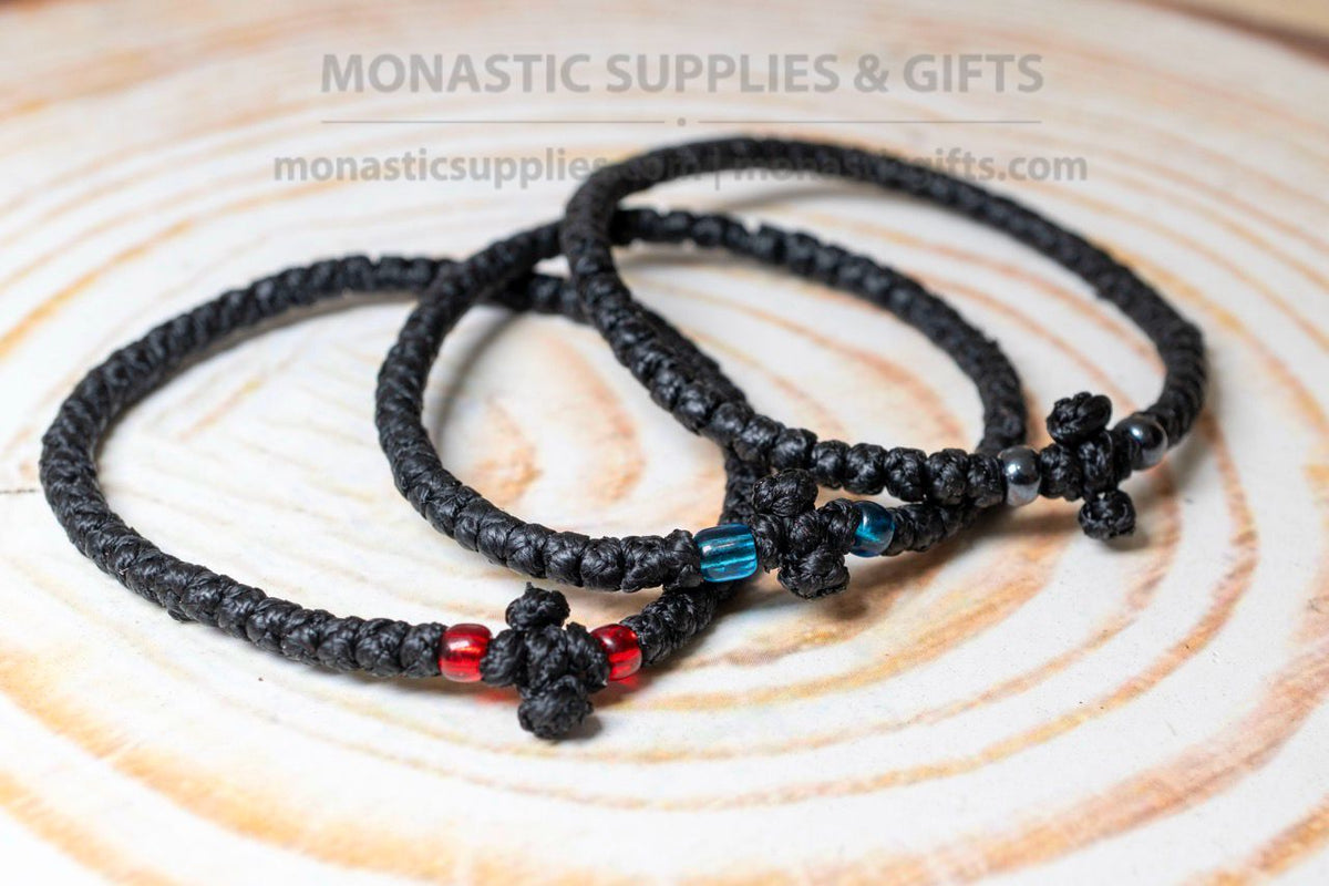 Classic Greek prayer rope komboskini bracelets set of 3 with 50 knots knotted cross and blue black and red beads in black waxed cord orthodox made in Greece