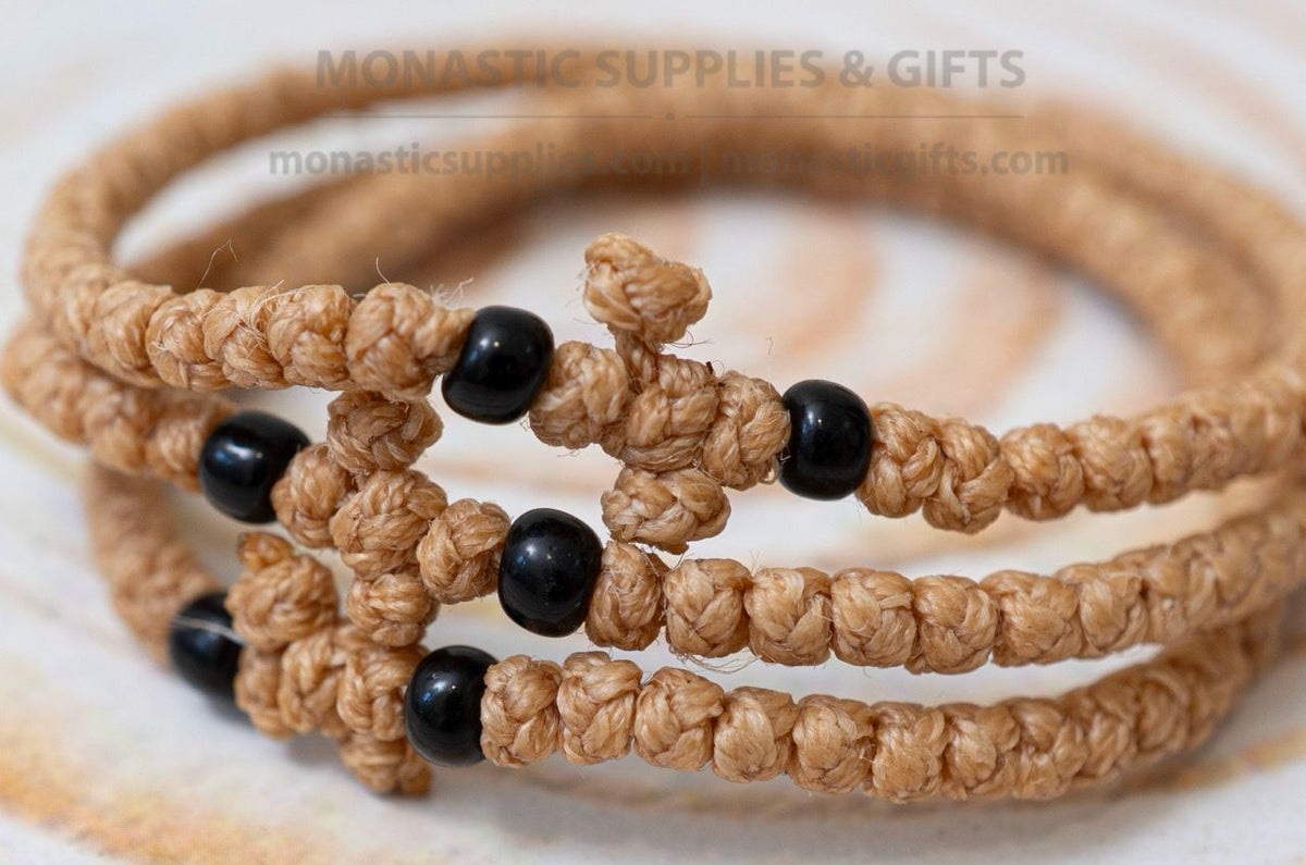 Prayer rope komboskini bracelet 1 piece with 50 knots knotted cross and black beads in beige waxed cord orthodox made in Greece
