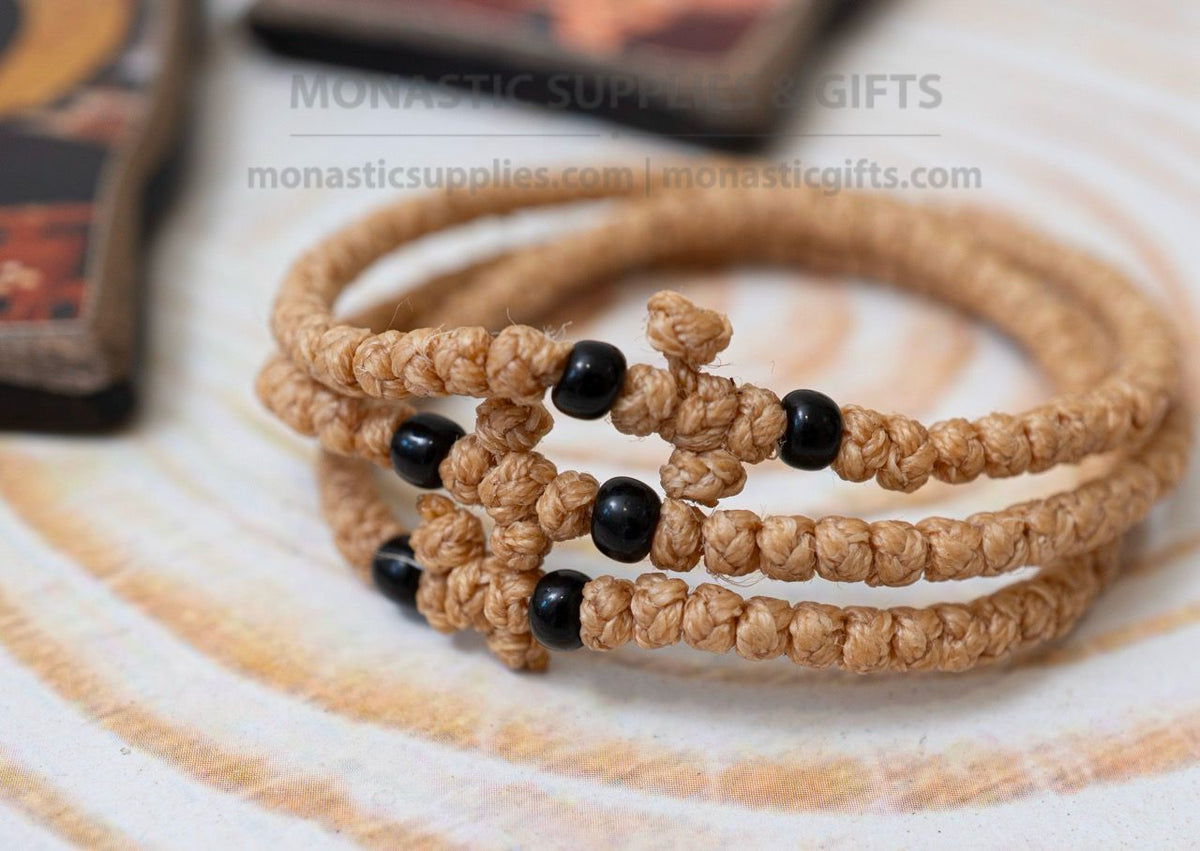 Prayer rope komboskini bracelet 1 piece with 50 knots knotted cross and black beads in beige waxed cord orthodox made in Greece