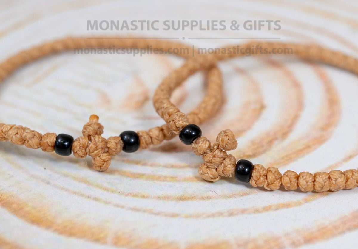 Prayer rope komboskini bracelet 1 piece with 50 knots knotted cross and black beads in beige waxed cord orthodox made in Greece