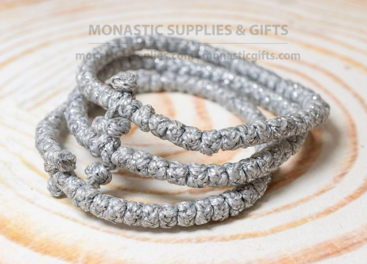 Prayer rope komboskini bracelet 1 piece with 50 knots knotted cross in shimmering silver metallic thread waxed cord orthodox made in Greece
