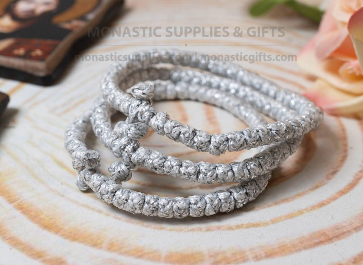 Prayer rope komboskini bracelet 1 piece with 50 knots knotted cross in shimmering silver metallic thread waxed cord orthodox made in Greece