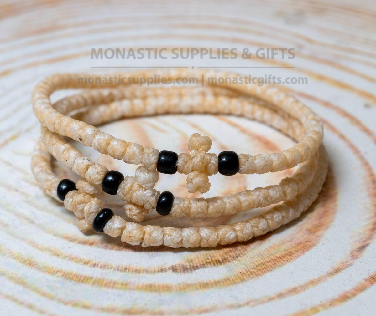 Prayer rope komboskini bracelet 1 piece with 50 knots knotted cross and black beads in ecru waxed cord orthodox made in Greece