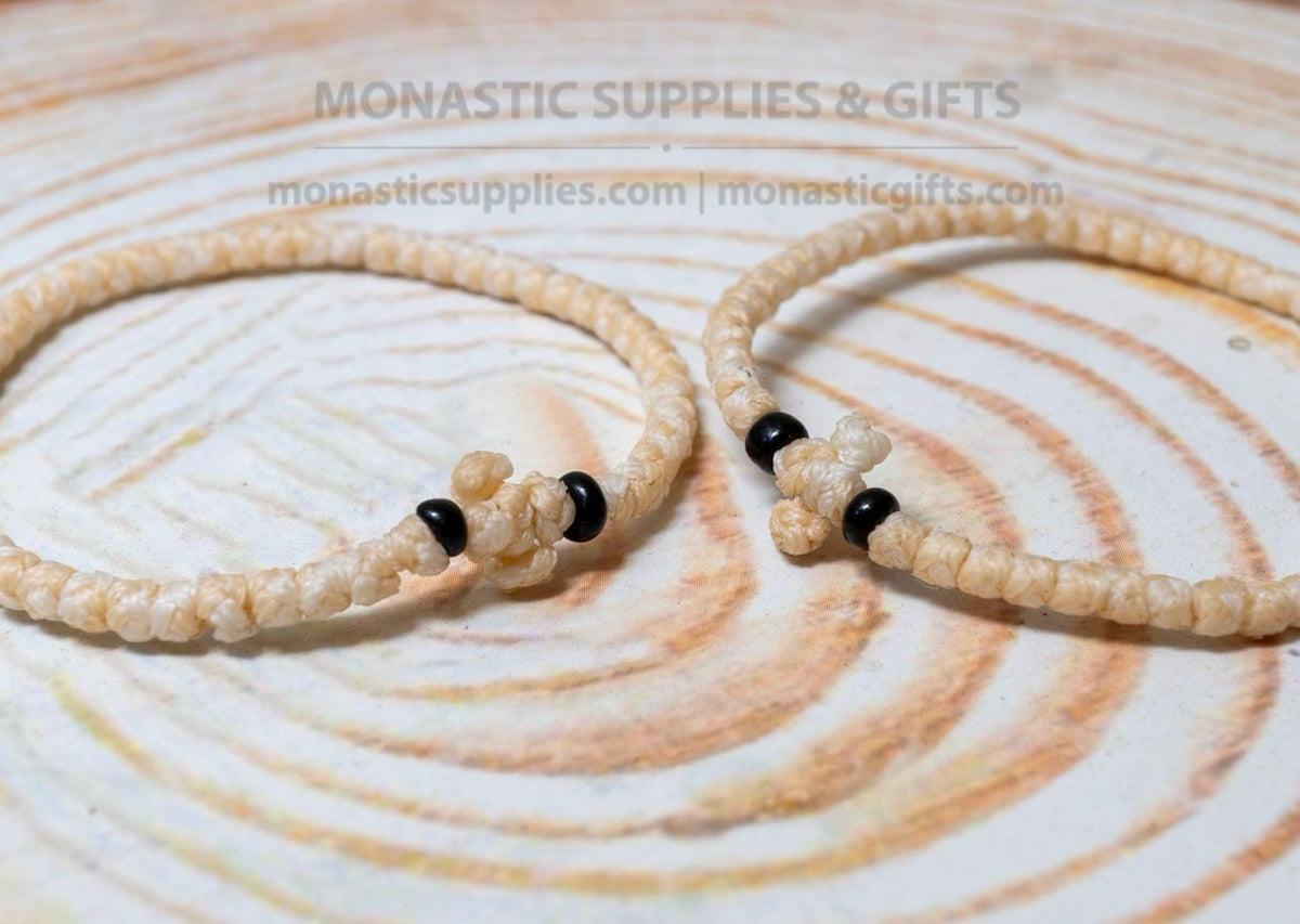 Prayer rope komboskini bracelet 1 piece with 50 knots knotted cross and black beads in ecru waxed cord orthodox made in Greece