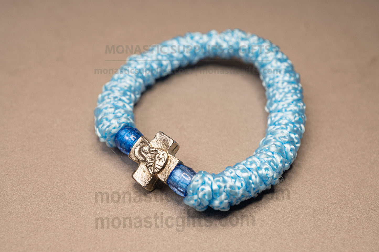 Handcrafted elastic light blue Orthodox prayer rope komboskini bracelet 1pc with 33 knots blue beads and Mount Athos Virgin Mary cross flexible 15-19cm (5.9-7.48in).
