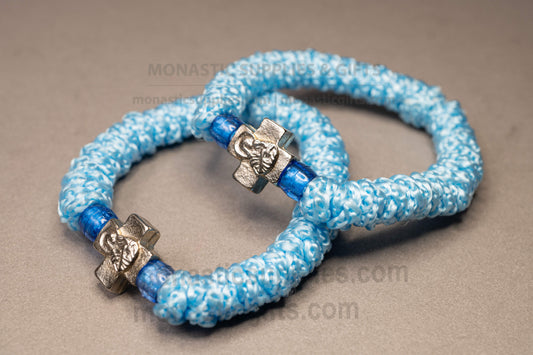 Handcrafted elastic light blue Orthodox prayer rope komboskini bracelet 1pc with 33 knots blue beads and Mount Athos Virgin Mary cross flexible 15-19cm (5.9-7.48in).