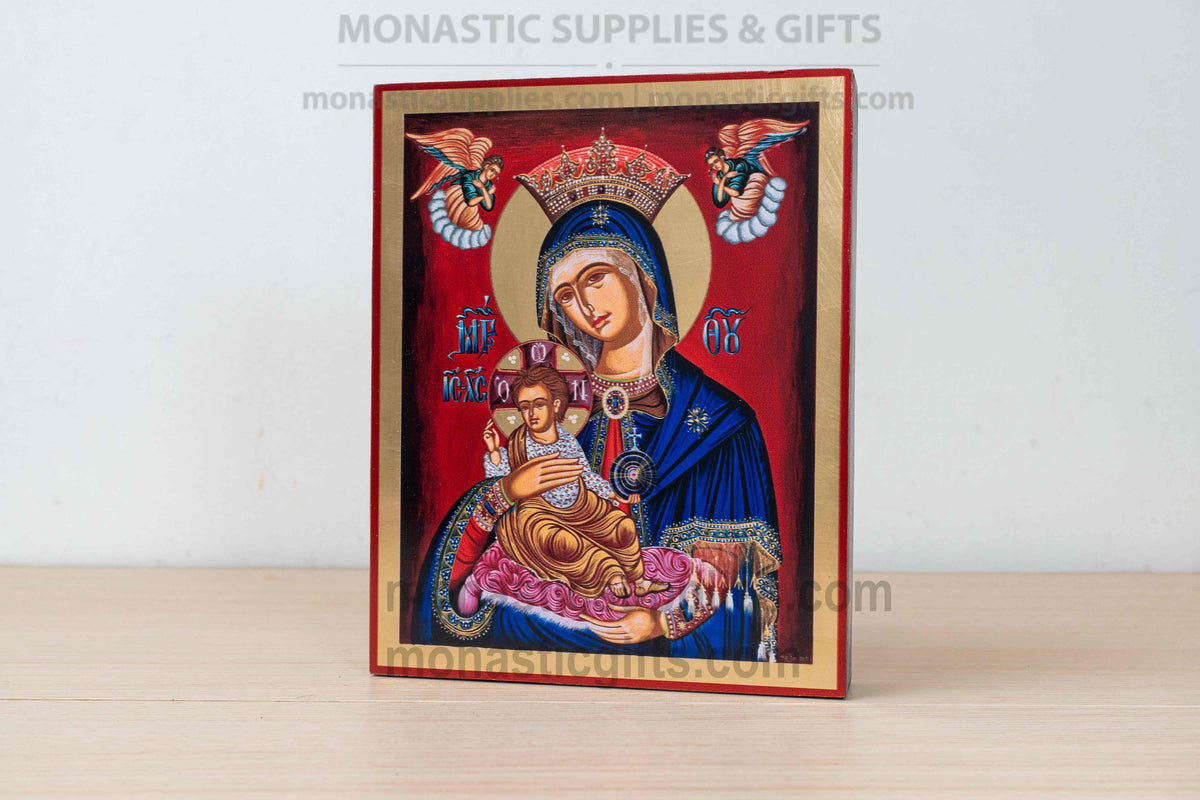 Virgin Mary Queen of Heaven crowned Byzantine Orthodox icon with Christ Child and angels on handcrafted wood plaque made in Greece