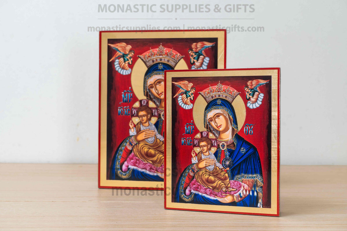 Virgin Mary Queen of Heaven crowned Byzantine Orthodox icon with Christ Child and angels on handcrafted wood plaque made in Greece