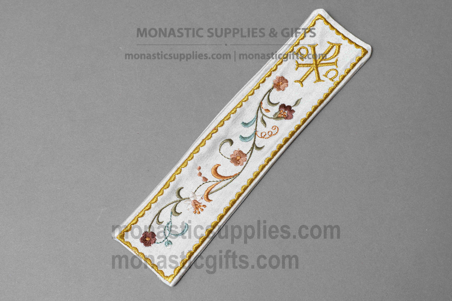 Gold Embroidered Fabric Liturgical Bookmark with Christogram & Floral Design 22x5 cm (8.66x1.97 in)  1 Piece