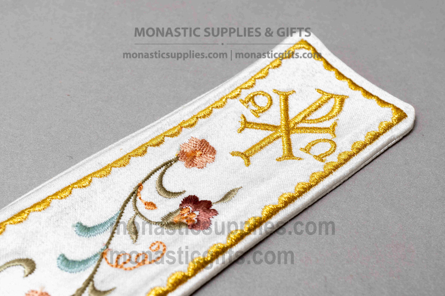 Gold Embroidered Fabric Liturgical Bookmark with Christogram & Floral Design 22x5 cm (8.66x1.97 in)  1 Piece