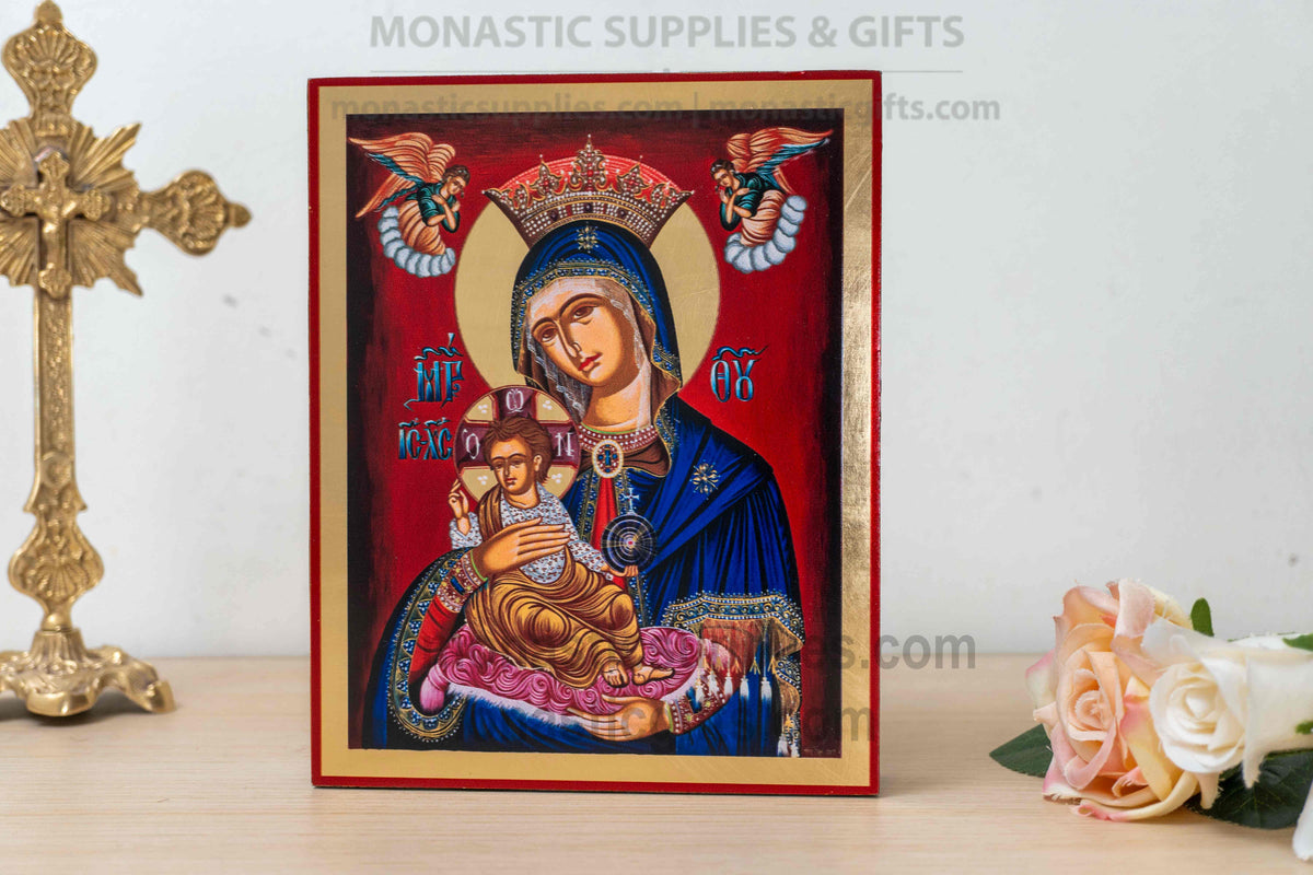 Virgin Mary Queen of Heaven Byzantine Orthodox Icon - Theotokos Pantanassa with Christ Child & Angels - Handcrafted Wooden Plaque