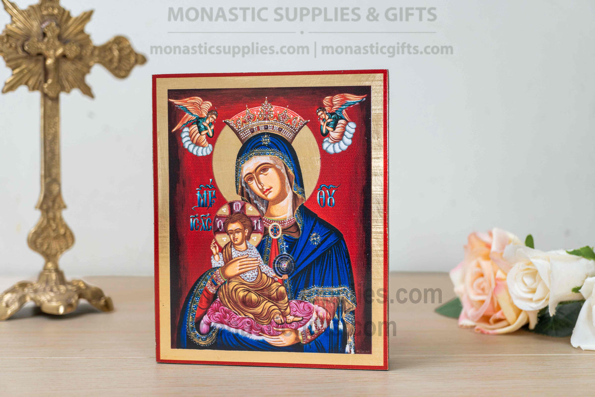 Virgin Mary Queen of Heaven Byzantine Orthodox Icon - Theotokos Pantanassa with Christ Child & Angels - Handcrafted Wooden Plaque