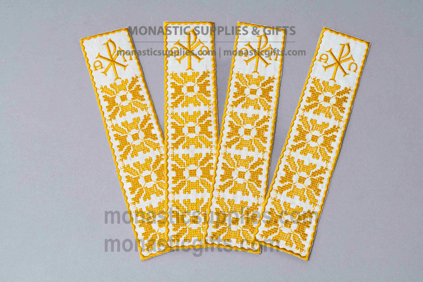 Handcrafted gold embroidered white fabric bookmark with Chi-Rho Christogram and Byzantine geometric cross motif 22x5 cm (8.66x1.97 in) made in Greece (1 piece)