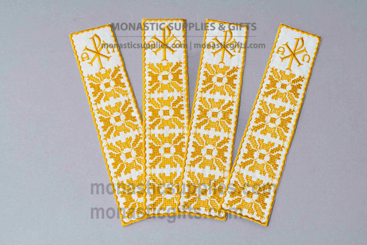 Handcrafted gold embroidered white fabric bookmark with Chi-Rho Christogram and Byzantine geometric cross motif 22x5 cm (8.66x1.97 in) made in Greece (1 piece)
