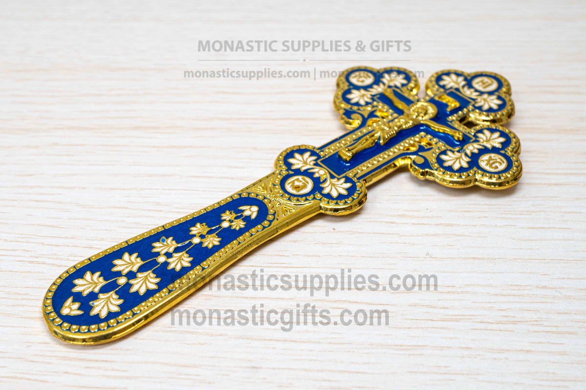Orthodox Byzantine metal crucifix cross in polished gold finish with cobalt blue and white enamel altar decor made in Greece