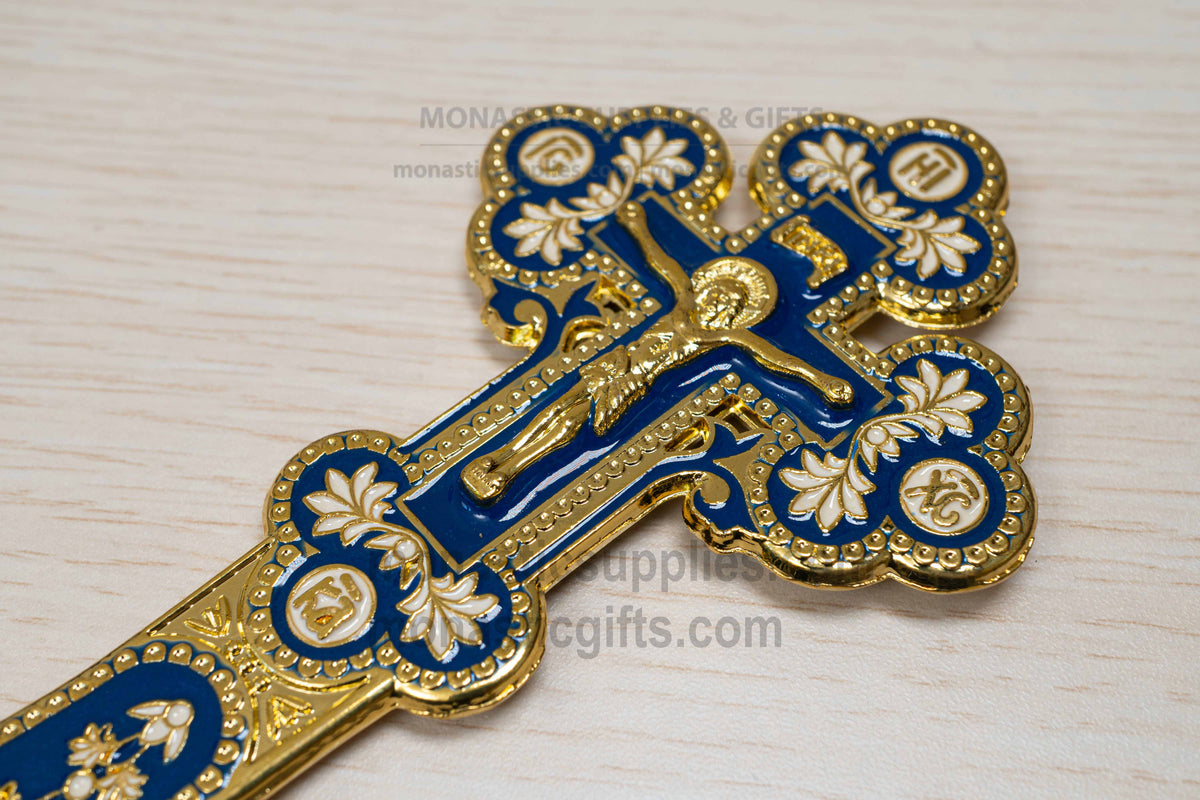 Orthodox Byzantine metal crucifix cross in polished gold finish with cobalt blue and white enamel altar decor made in Greece