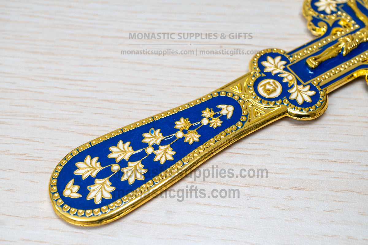 Orthodox Byzantine metal crucifix cross in polished gold finish with cobalt blue and white enamel altar decor made in Greece