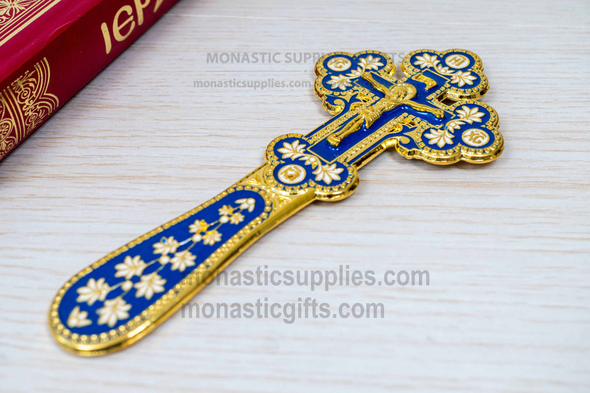 Orthodox Byzantine metal crucifix cross in polished gold finish with cobalt blue and white enamel altar decor made in Greece