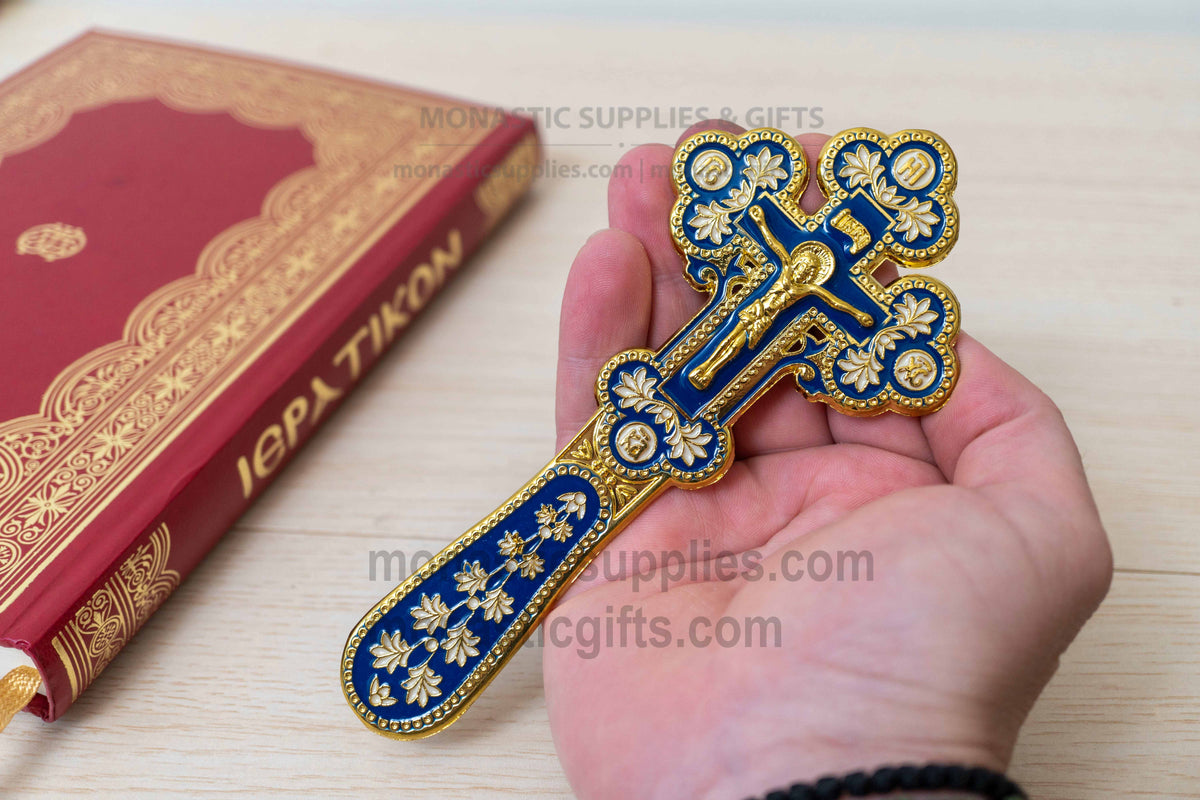Orthodox Byzantine Metal Crucifix Cross in Gold Finish with Blue and White Enamel - Christian Altar Decor - 19.5 cm (7.7 in)