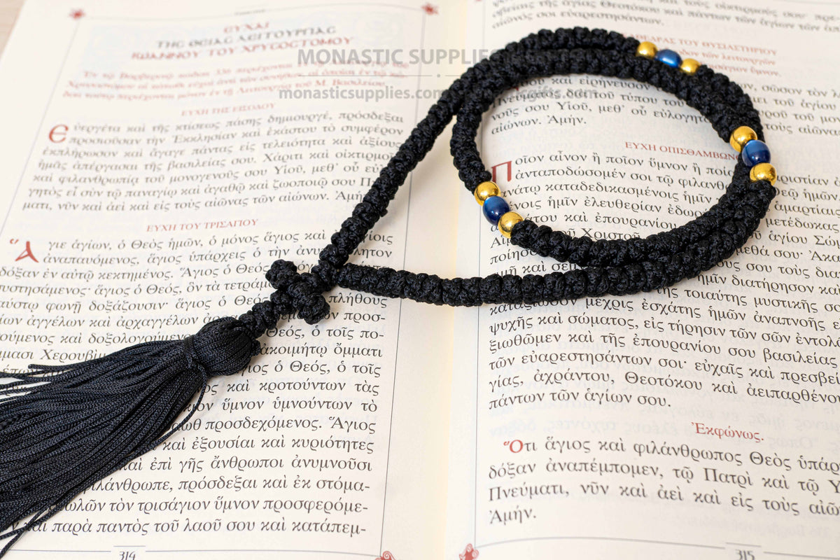 Monastic Orthodox Prayer Rope with Tassel, Knotted Cross and Translucent Blue Beads in Black - Greek Chotki - 100 Knots - 1 Piece