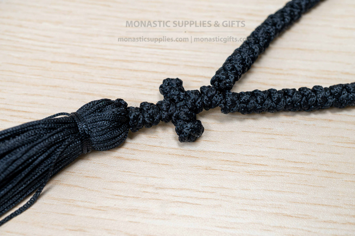 Monastic Orthodox prayer rope 100 knots with tassel knotted cross gold and translucent blue beads in black cord made in Greece