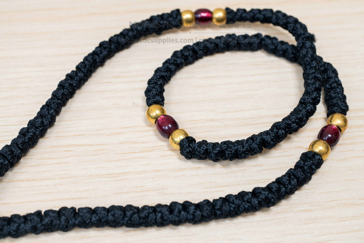 Monastic Orthodox Prayer Rope with Tassel, Knotted Cross and Translucent Red Beads in Black - Greek Chotki - 100 Knots - 1 Piece