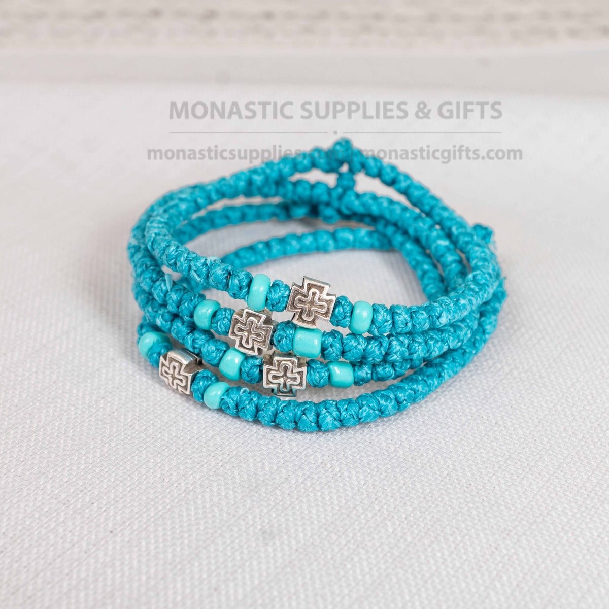 Prayer rope komboskini bracelet 1 piece with 50 knots silver cross and turquoise beads in cyan blue waxed cord orthodox made in Greece