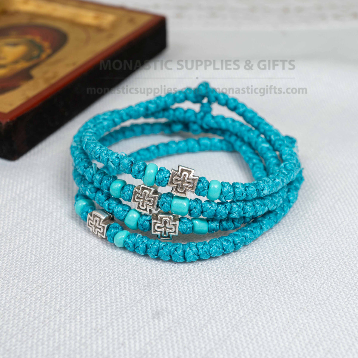 Prayer rope komboskini bracelet 1 piece with 50 knots silver cross and turquoise beads in cyan blue waxed cord orthodox made in Greece