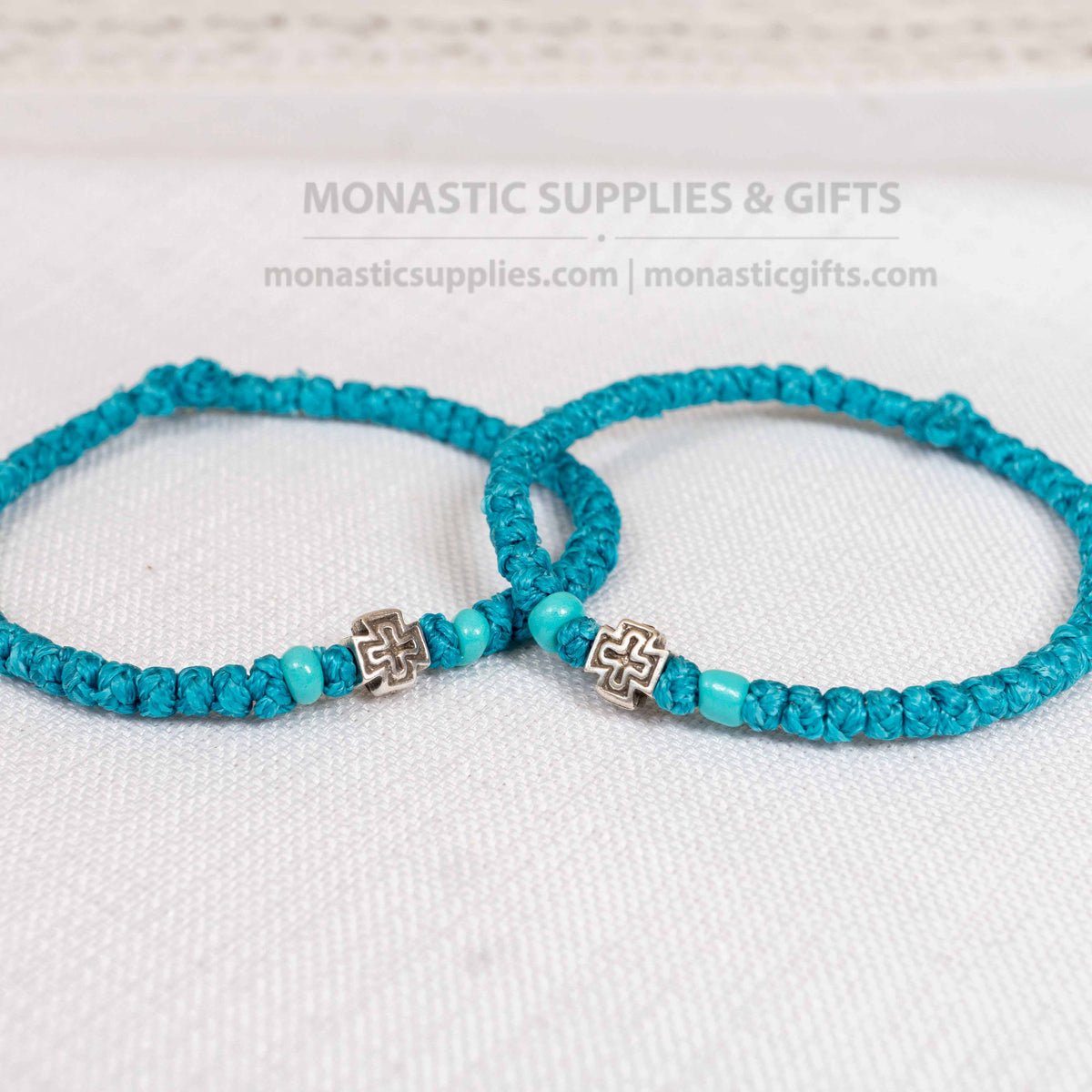 Prayer rope komboskini bracelet 1 piece with 50 knots silver cross and turquoise beads in cyan blue waxed cord orthodox made in Greece