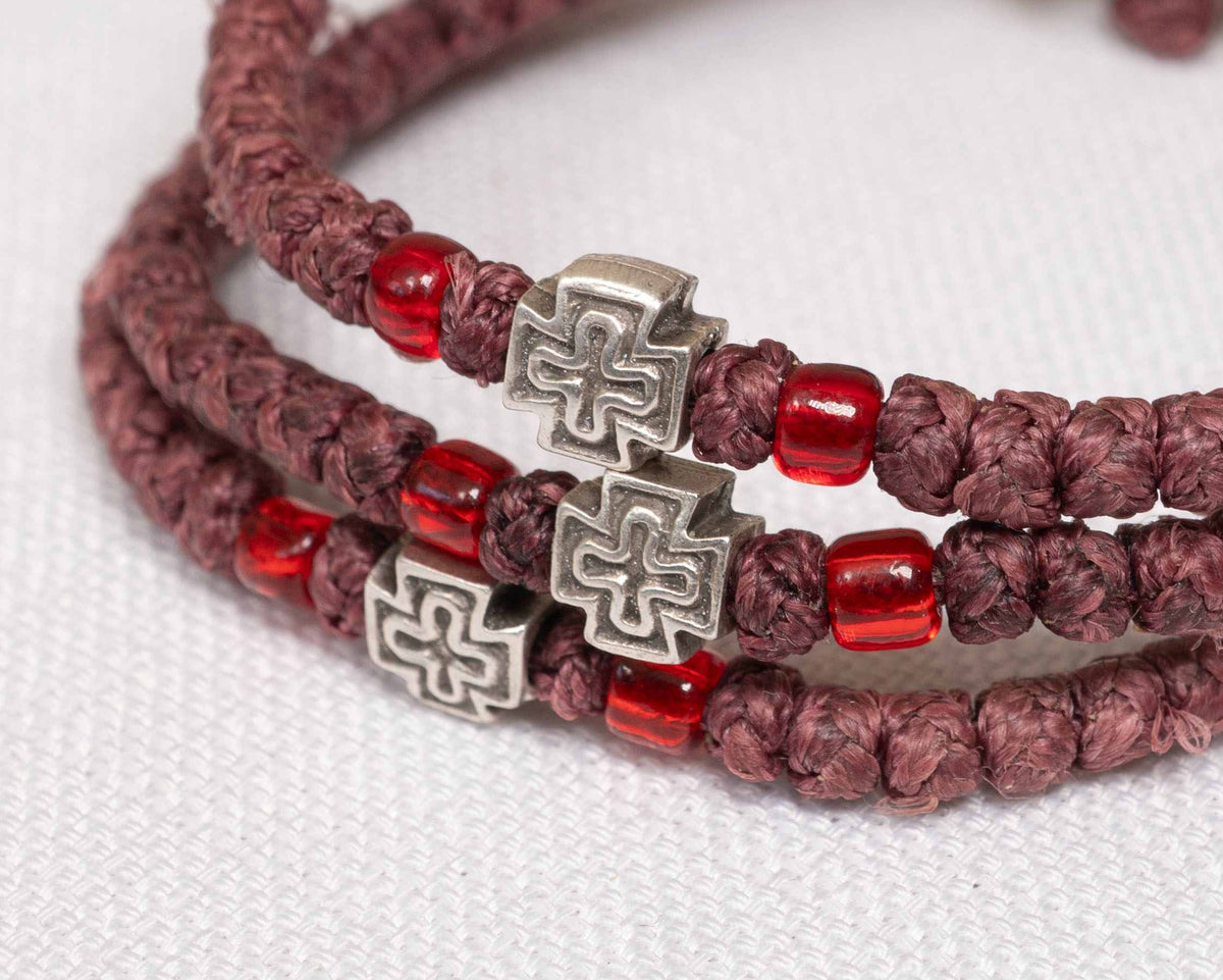 Monastic style prayer rope bracelet 1 piece with 50 knots silver cross bead and translucent red beads in brown waxed cord orthodox made in Greece