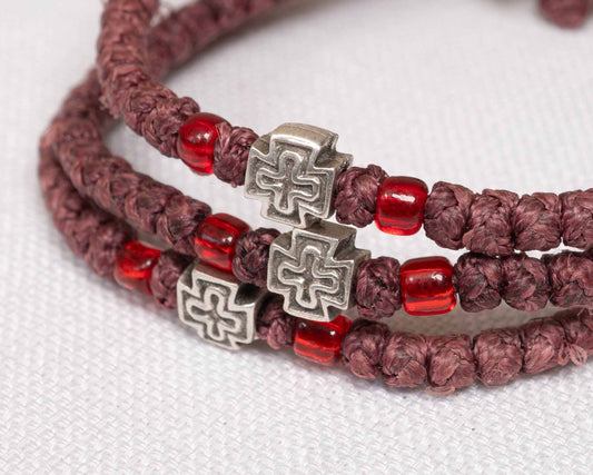 Monastic style prayer rope bracelet 1 piece with 50 knots silver cross bead and translucent red beads in brown waxed cord orthodox made in Greece