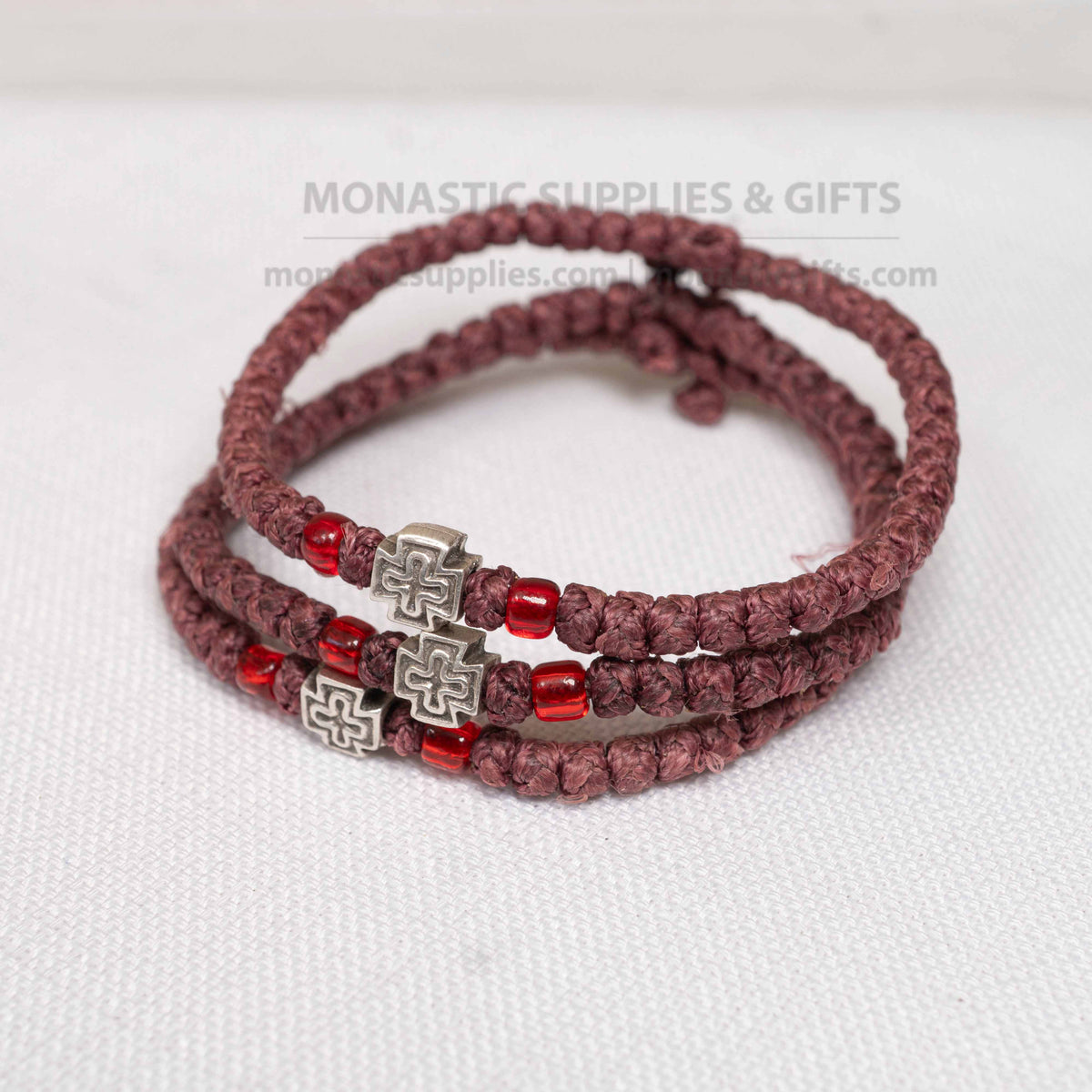 Monastic style prayer rope bracelet 1 piece with 50 knots silver cross bead and translucent red beads in brown waxed cord orthodox made in Greece