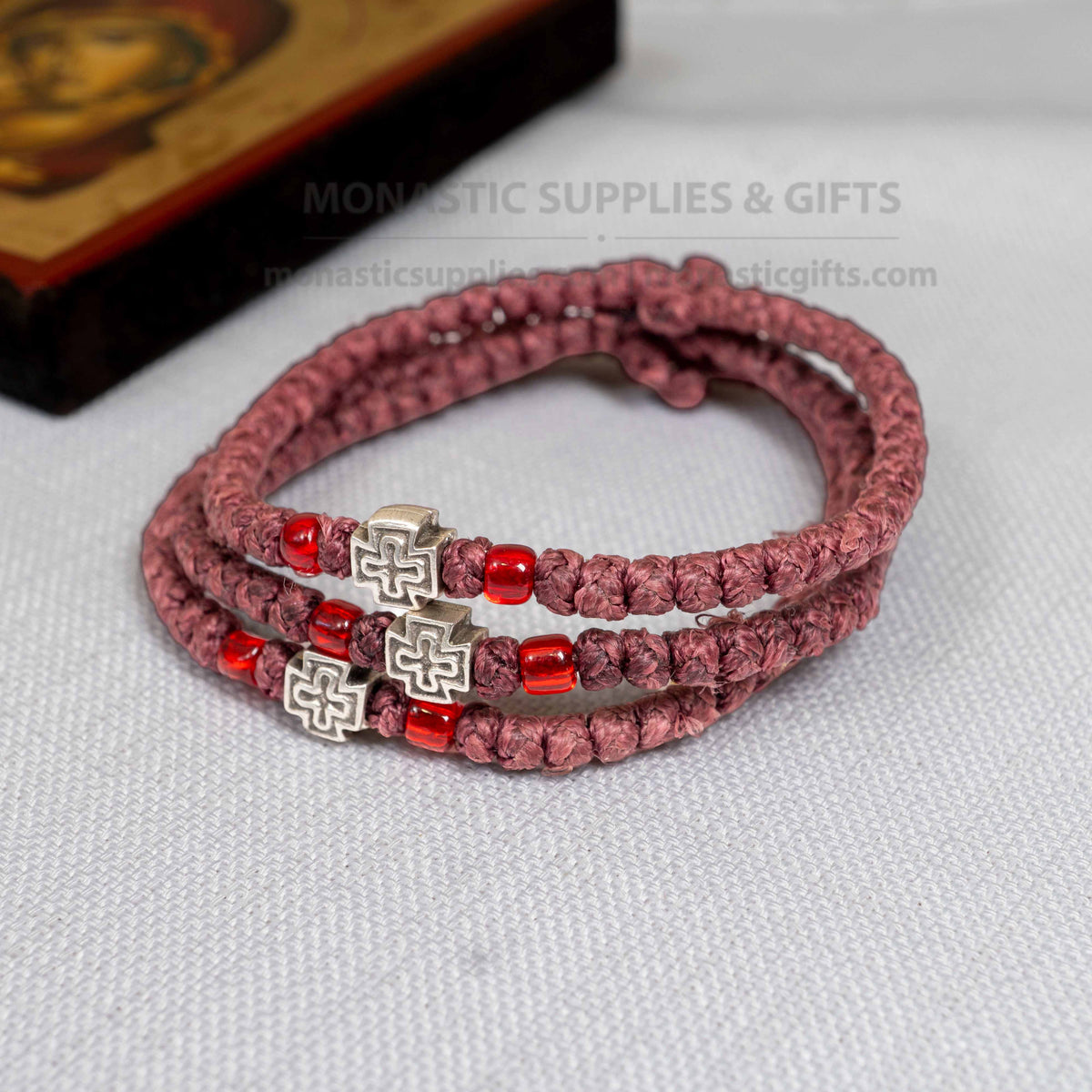 Monastic style prayer rope bracelet 1 piece with 50 knots silver cross bead and translucent red beads in brown waxed cord orthodox made in Greece