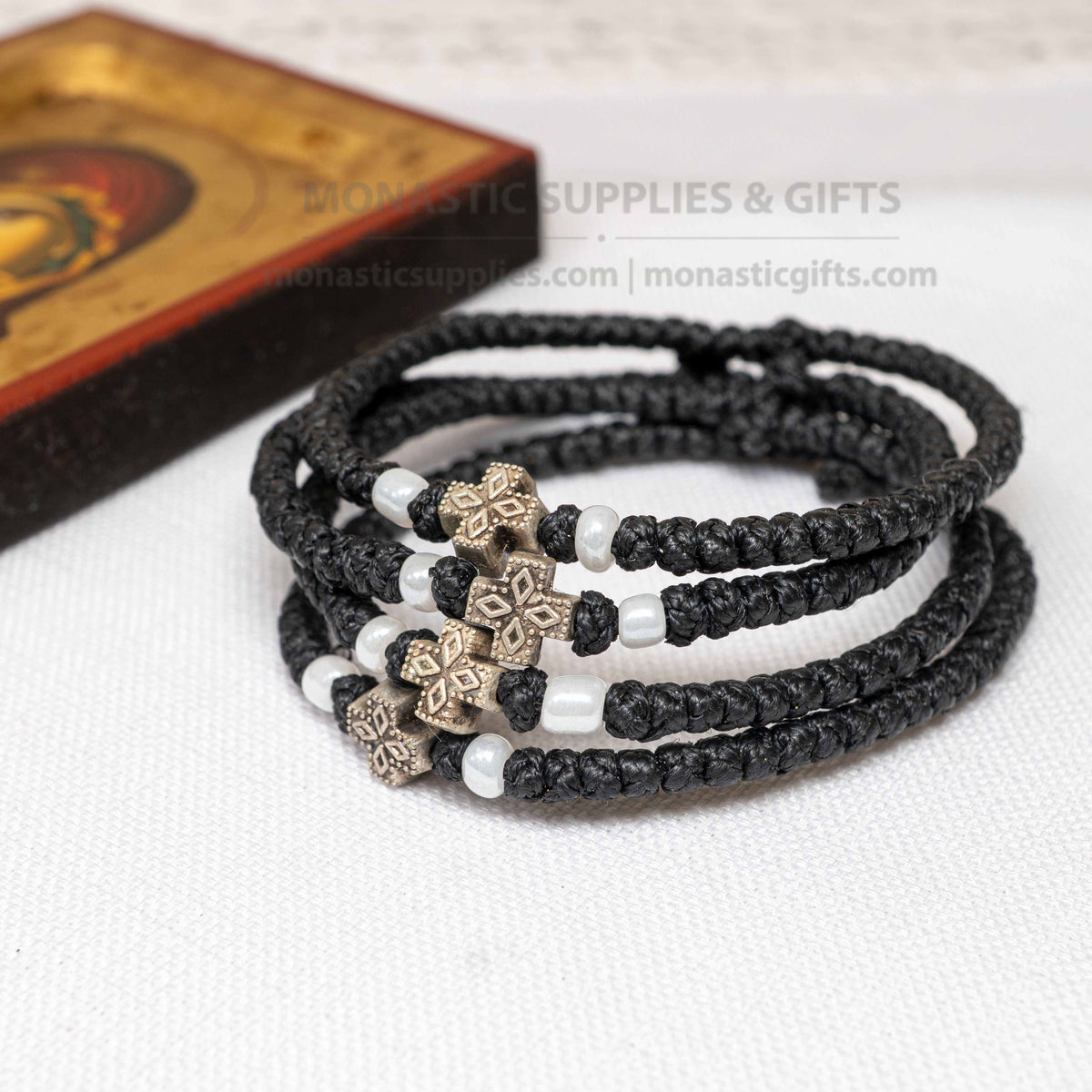 Monastic style prayer rope bracelet 1 piece with 50 knots ornate silver cross bead and white pearl beads in black waxed cord orthodox made in Greece