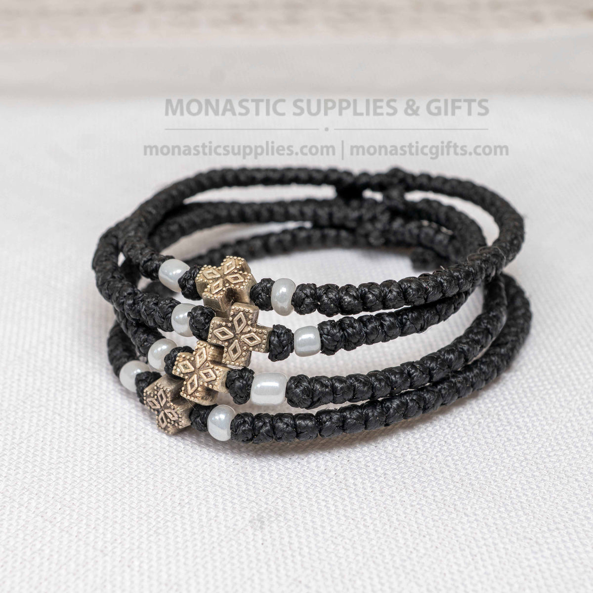 Monastic Style Prayer Rope Bracelet with Cross Bead in Classic Black - Orthodox - 50 Knots - 1 Piece