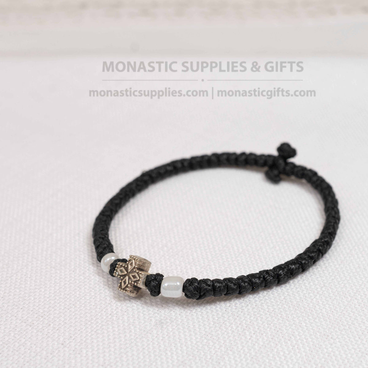 Monastic Style Prayer Rope Bracelet with Cross Bead in Classic Black - Orthodox - 50 Knots - 1 Piece